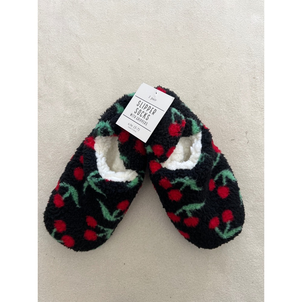 Women Cherry Print Fuzzy Slipper Socks with Grippers Black Red S/M 5-7